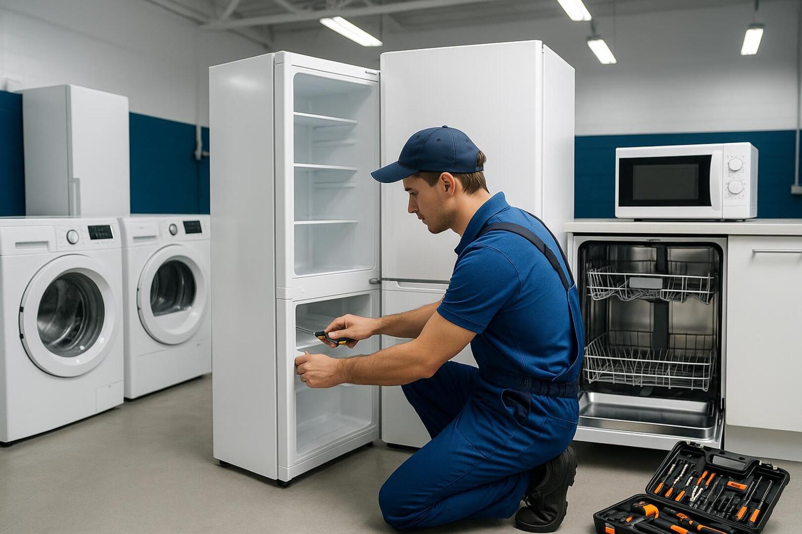 Técnico especializado trabalhando com diversos eletrodomésticos